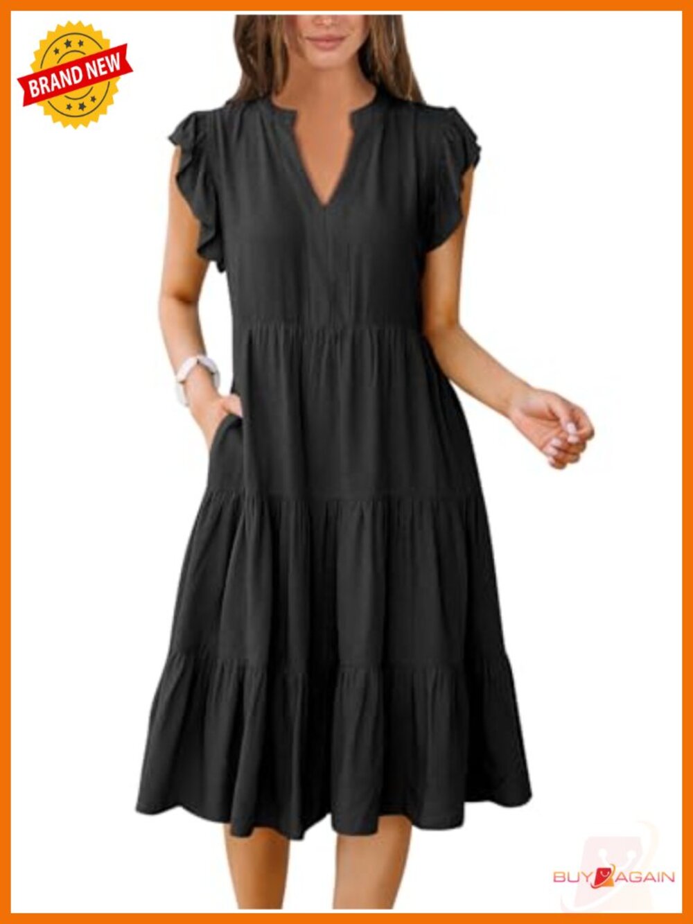 Ruffle Sleeve V Neck Tiered Midi Dress Pleated Swing Casual Summer